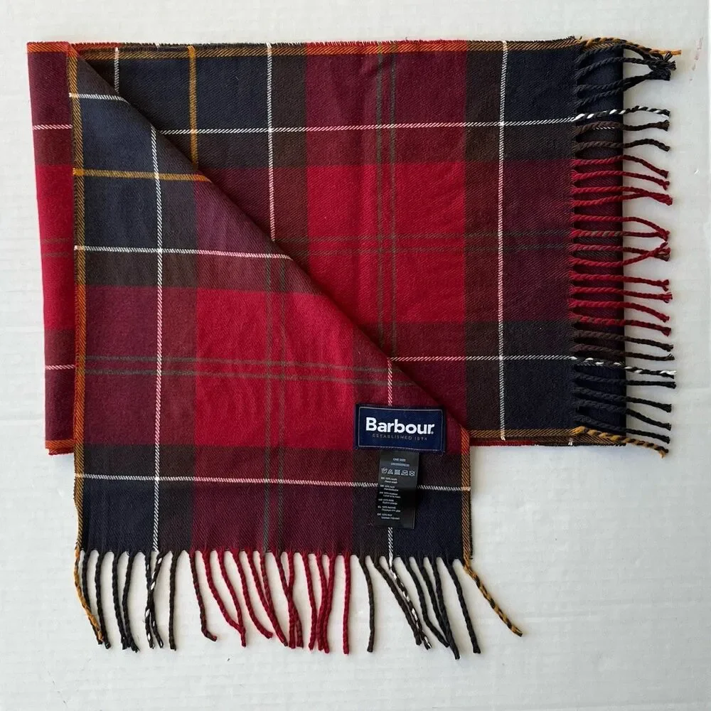 Barbour Galingale Tartan Scarf Plaid 71x12 Tasseled Hem Acrylic Soft Suede Touch